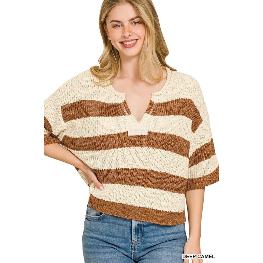 Zenana Striped Knit Sweater Deep Camel Cream V-Neck Short Sleeve L/XL - Picture 2 of 13